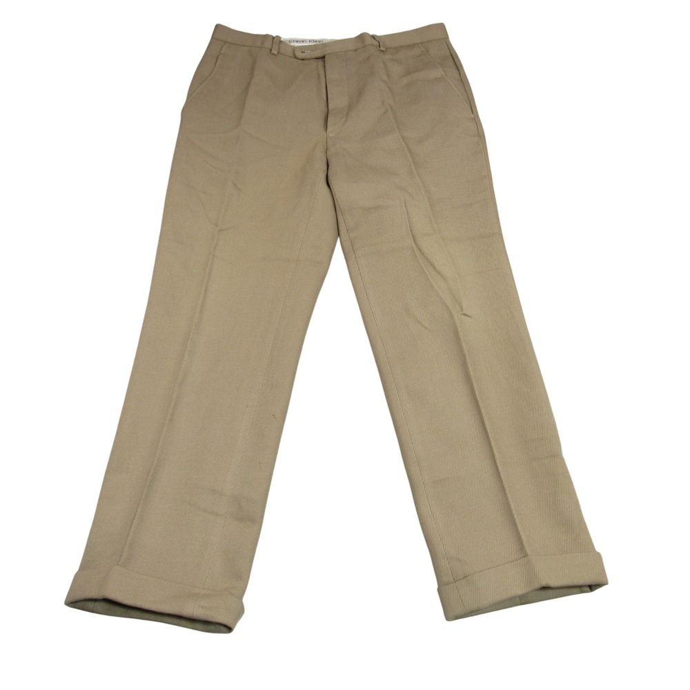 Calvin Klein Mens 32 Tan 100% Wool Flat Front Cuffed Straight Leg Dress Pants